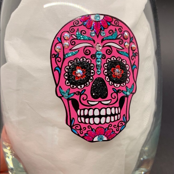 BLING GLITTER & SWAROVSKI CRYSTALS PINK & TEAL SUGAR SKULL STEMLESS WINE GLASS - Picture 6 of 12